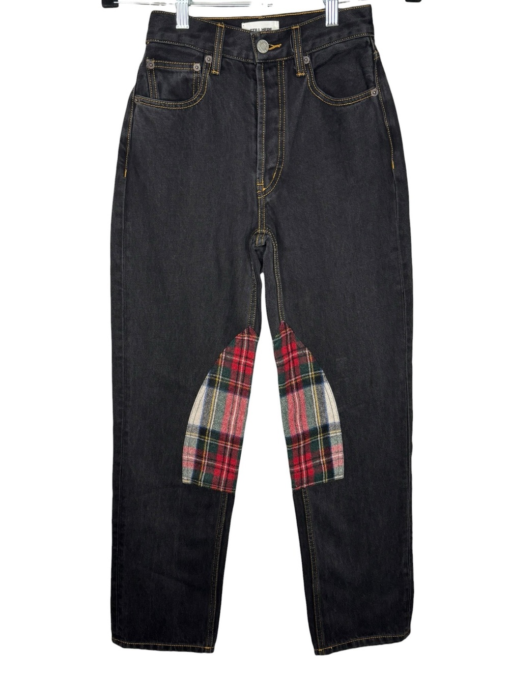 Still Here New York Button Fly Black Jeans Red Plaid Flannel Patches Size 23